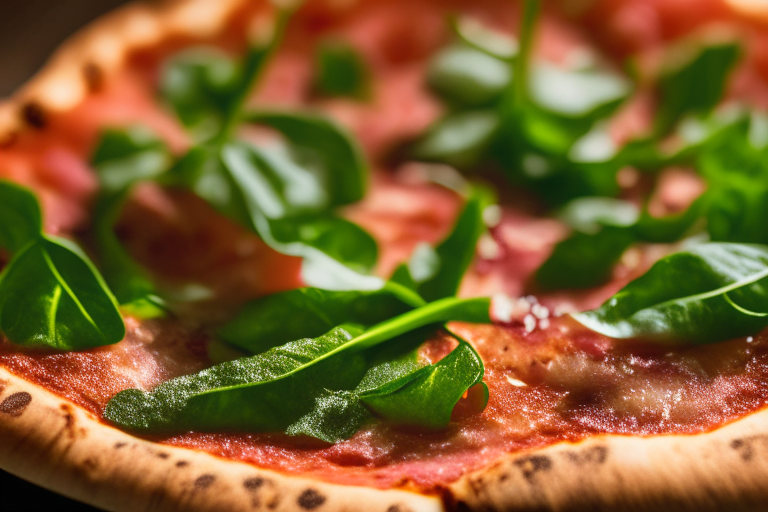 Wood Fired Pizza Oven Prosciutto and Arugula Pizza, bright studio lighting, close up shot centered on the cheese, prosciutto, arugula, tomato sauce and basil, razor-sharp focus