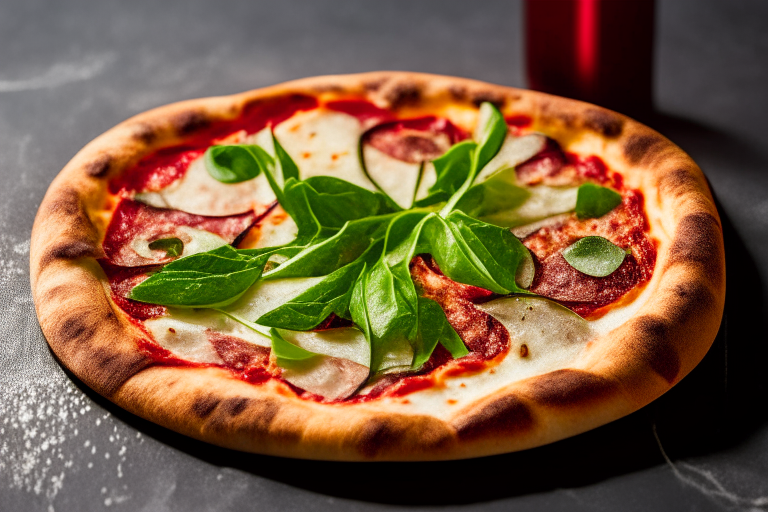 Wood Fired Pizza Oven Prosciutto and Arugula Pizza, bright studio lighting, minimal plate visible, razor-sharp focus on the melted cheese, prosciutto, arugula, tomato sauce and basil