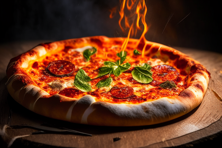 Wood Fired Pizza Oven Chorizo and Manchego Cheese Pizza, bright studio lighting, tight framing focused on the melted cheese, chorizo, tomato sauce and basil, razor-sharp focus