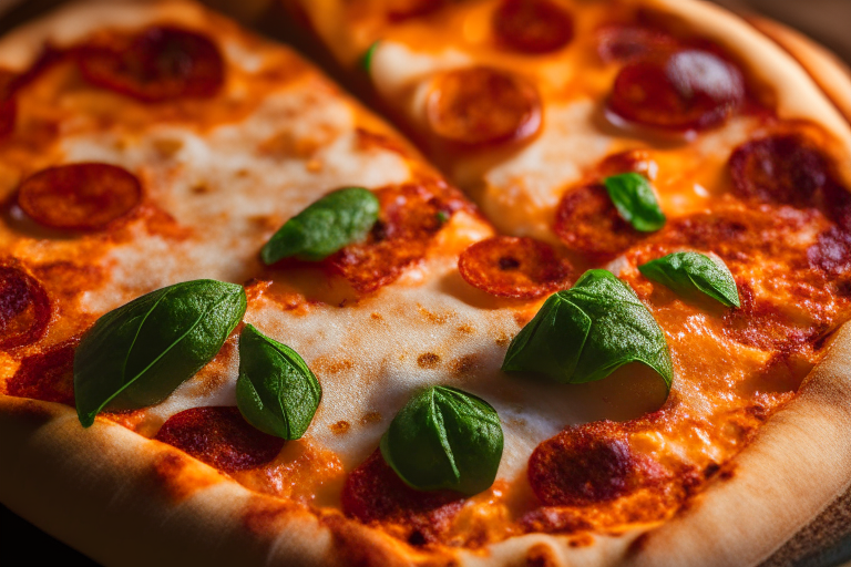 Wood Fired Pizza Oven Chorizo and Manchego Cheese Pizza, bright studio lighting, close up shot centered on the cheese, chorizo, tomato sauce and basil, razor-sharp focus