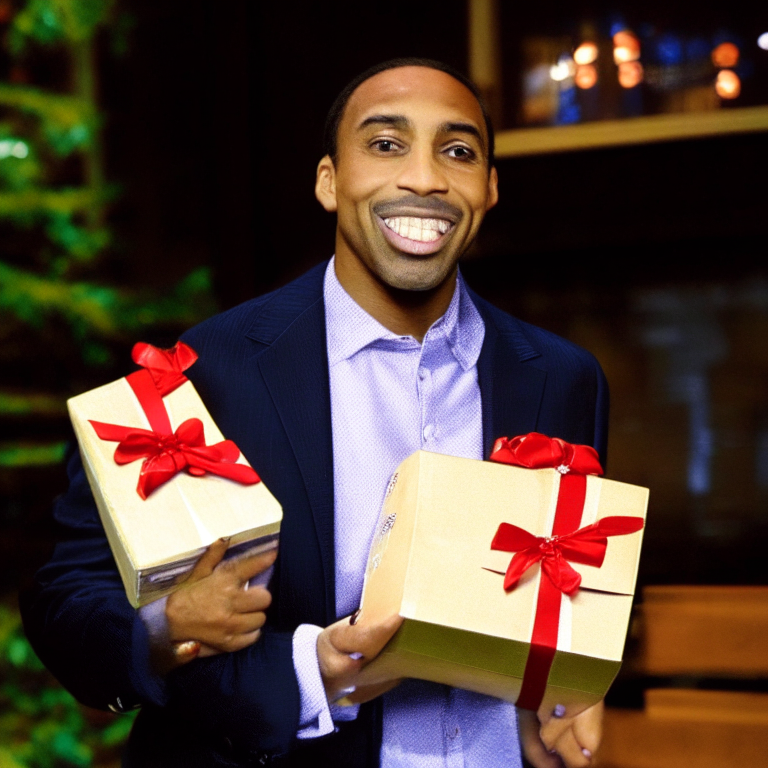 Stephen A Smith holding gifts

