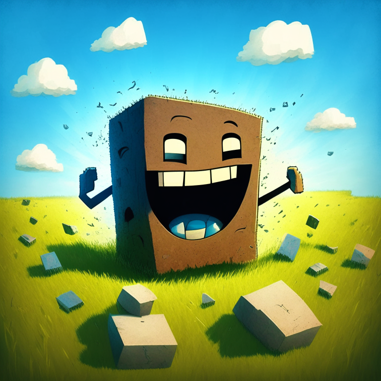 Happy nether portal dancing, cartoon face, cartoon smile, happy dancing nether portal, blocks of grass, chunks of sky