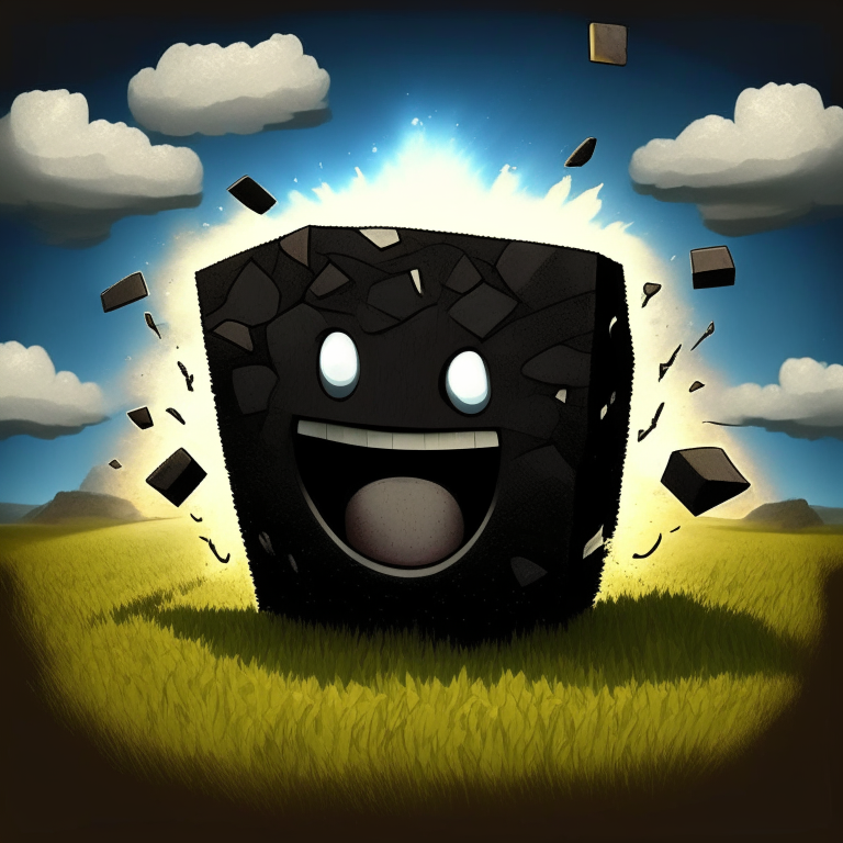 Happy black rock nether portal dancing, cartoon face, cartoon smile, happy dancing nether portal, blocks of grass, chunks of sky