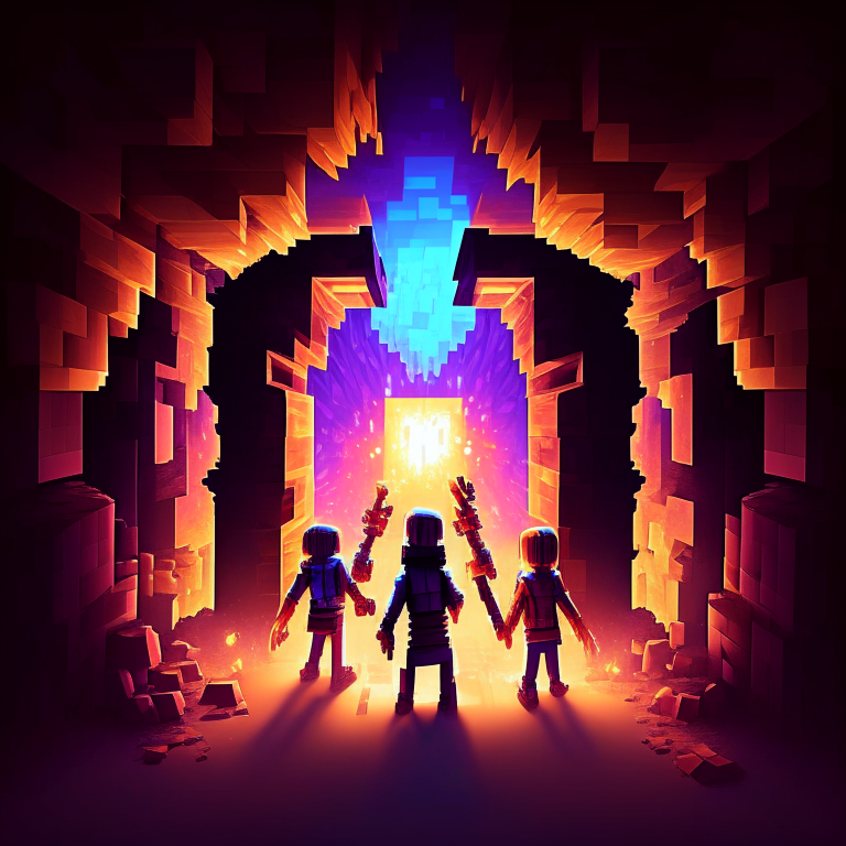 happy minecraft people entering a nether portal, a new dimension, nether dimension in the portal