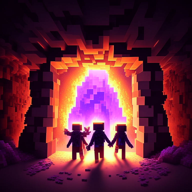 happy minecraft people entering a nether portal, a new dimension, nether dimension in the portal, 8k, crowed of villagers