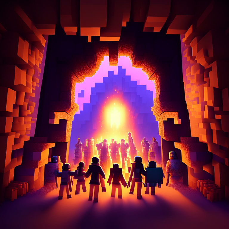 happy minecraft people entering a nether portal, a new dimension, nether dimension in the portal, 8k, crowd of villagers