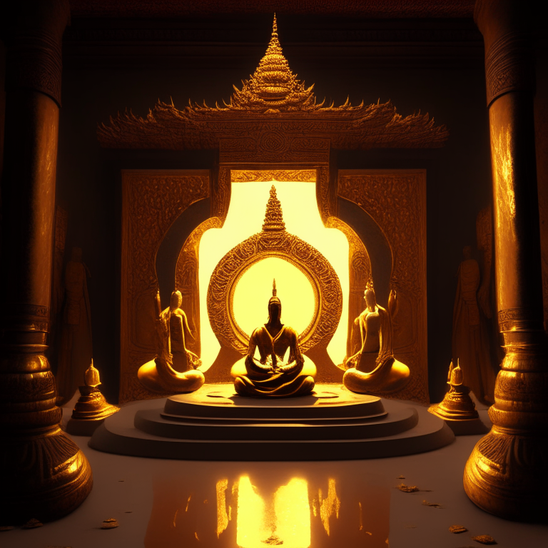 gold statue of a nether portal being worshiped by monks in a temple, 8k