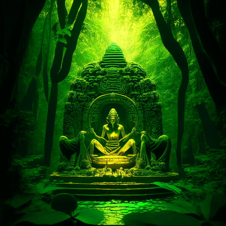 gold statue of a nether portal being worshiped by monks in a jungle temple, 8k, green tone