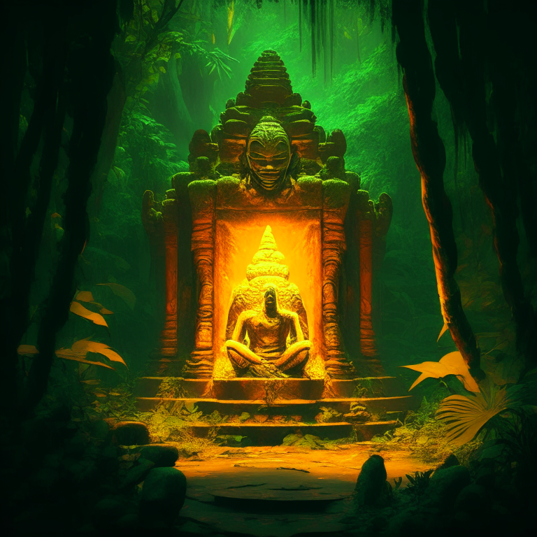 gold statue of a nether portal being worshiped by monks in a jungle temple, 8k, green and orange tone, by a camp fire