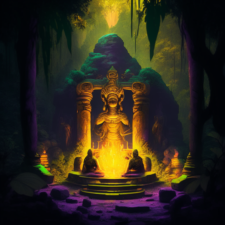 gold statue of a nether portal being worshiped by monks in a jungle temple, 8k, green  orange and purple tone, by a camp fire