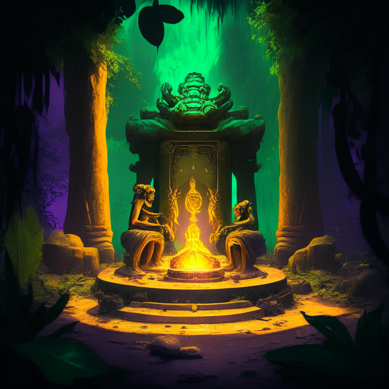 gold statue of a nether portal being worshiped by monks in a jungle temple, 8k, green  orange and purple tone, by a camp fire