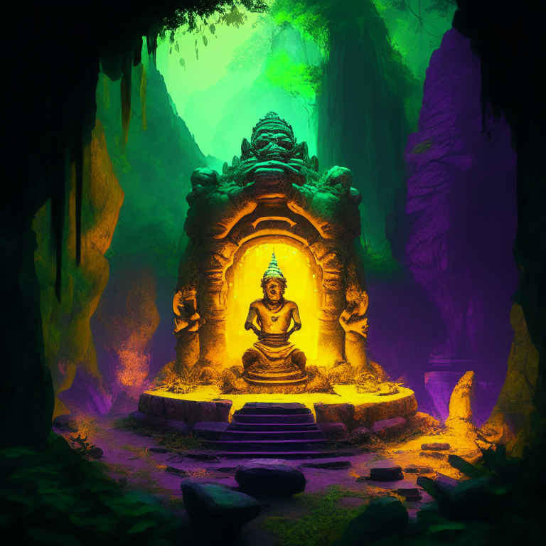 gold statue of a nether portal being worshiped by monks in a clifftop jungle temple, 8k, green  orange and purple tone, by a camp fire