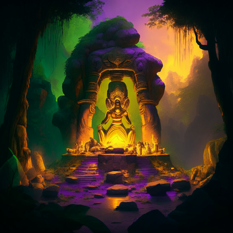 gold statue of a nether portal being worshiped by monks in a clifftop jungle temple, 8k, green  orange and purple tone, by a camp fire