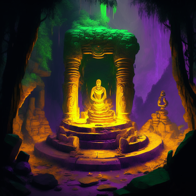 gold statue of a nether portal being worshiped by monks in a clifftop jungle temple, 8k, green  orange and purple tone, by a camp fire