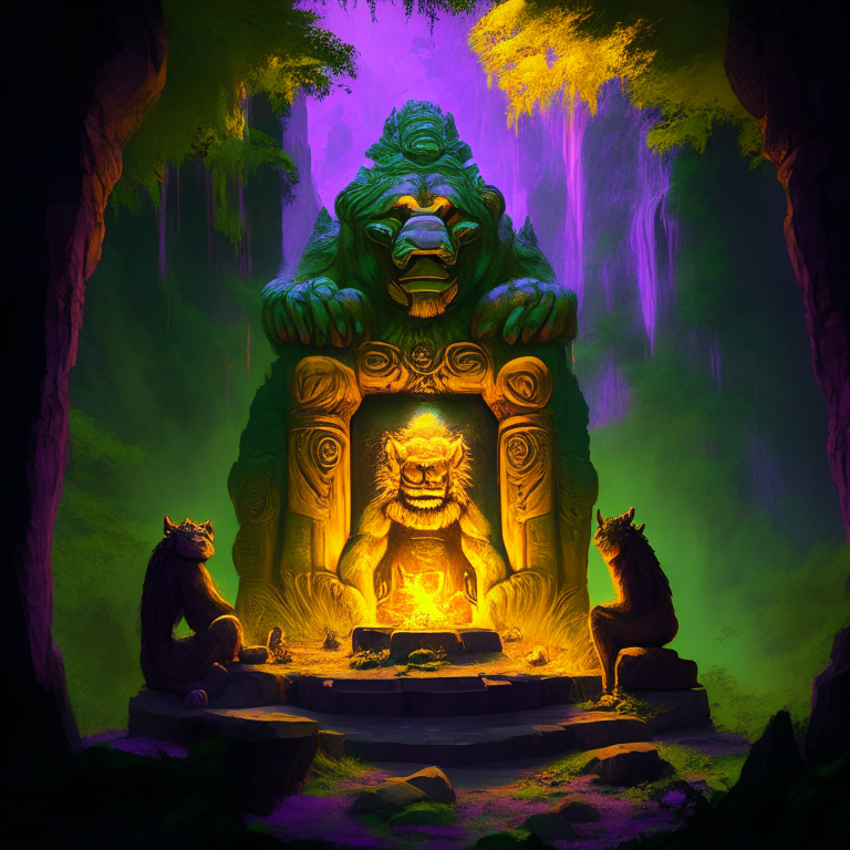 gold statue of a nether portal being worshiped by monks in a clifftop jungle temple, 8k, green  orange and purple tone, by a camp fire, giant fur beast brown long fur