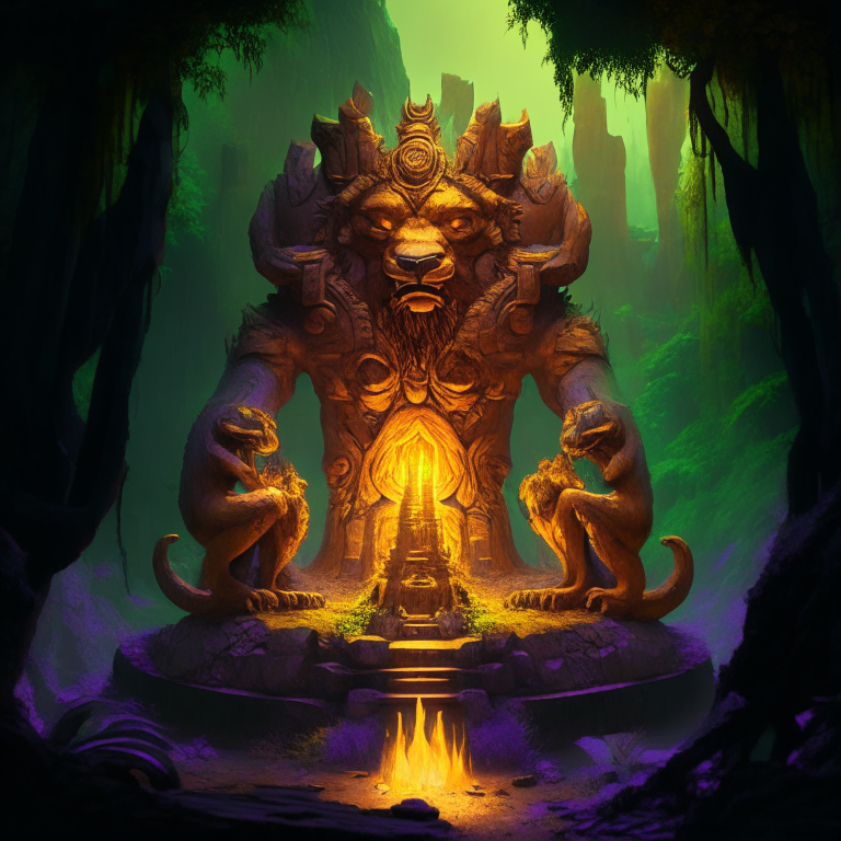 gold statue of a nether portal being worshiped by demons in a clifftop jungle temple, 8k, green  orange and purple tone, by a camp fire, giant fur beast brown long fur