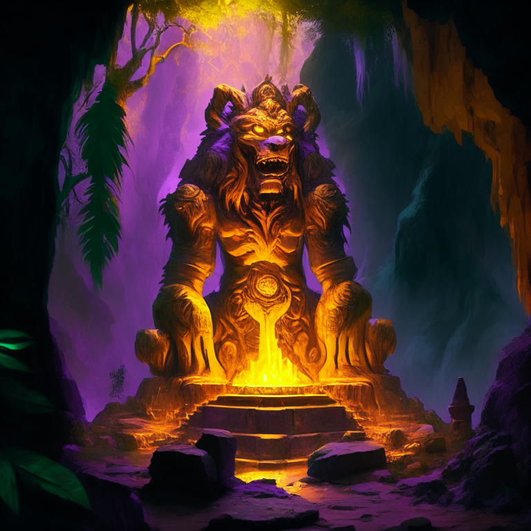 gold statue of a nether portal being worshiped by demons in a clifftop jungle temple, 8k, green  orange and purple tone, by a camp fire, giant fur beast brown long fur