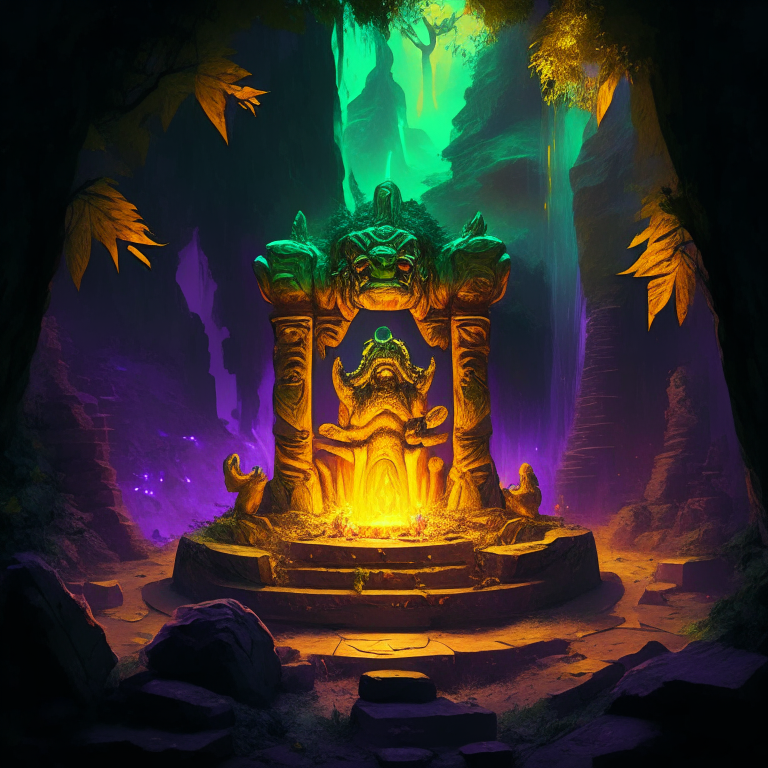 gold statue of a nether portal being worshiped by demons in a clifftop jungle temple, 8k, green  orange and purple tone, by a camp fire, literally made of fur