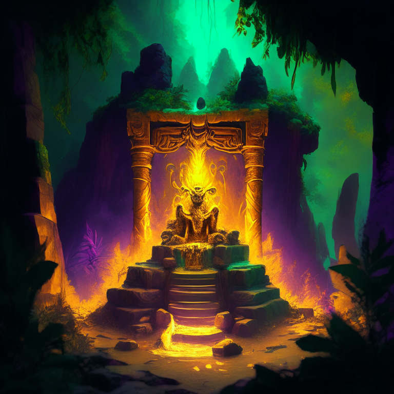 gold statue of a nether portal being worshiped by demons in a clifftop jungle temple, 8k, green  orange and purple tone, by a camp fire, literally made of fur