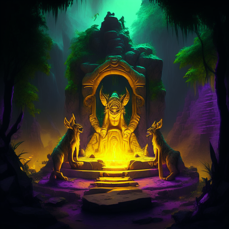 gold statue of a nether portal being worshiped by demons in a clifftop jungle temple, 8k, green  orange and purple tone, by a camp fire, literally made of fur