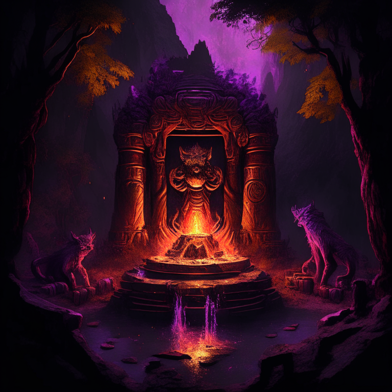 gold statue of a nether portal being worshiped by demons in a clifftop jungle temple, 8k, black  red and purple tone, by a camp fire, literally made of fur