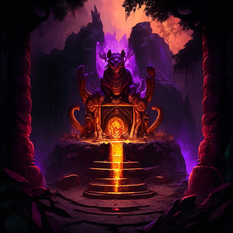 gold statue of a nether portal being worshiped by fur demons in a clifftop jungle temple, 8k, black  red and purple tone, by a camp fire