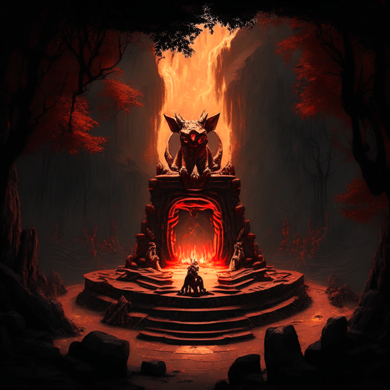 gold statue of a nether portal being worshiped by fur demons in a clifftop jungle temple, 8k, black  red and grey tone, by a camp fire