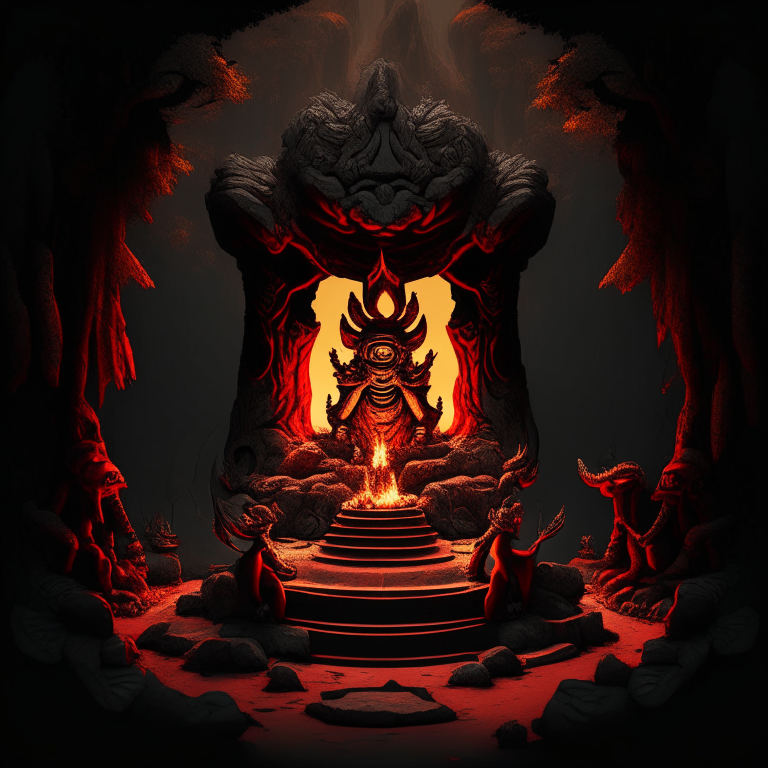 gold statue of a nether portal being worshiped by cute demons in a clifftop jungle temple, 8k, black  red and grey tone, by a camp fire