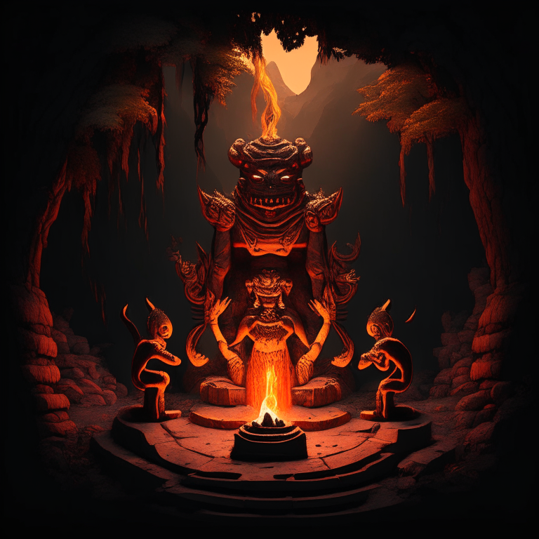 gold statue of a nether portal being worshiped by cute demons in a clifftop jungle temple, 8k, black  red and grey tone, by a camp fire