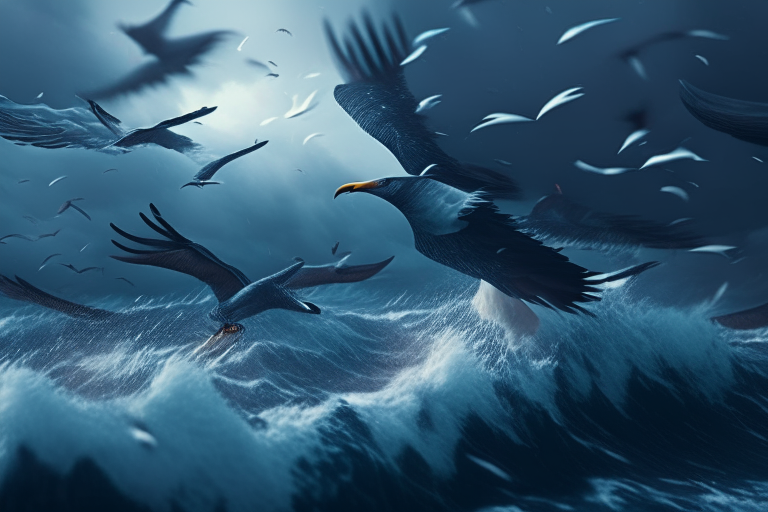 Birds fly in the sky with a raging ocean ultra realistic, 4k, cinematic