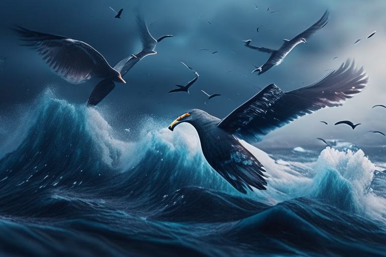 Birds fly in the sky with a raging ocean ultra realistic, 4k, cinematic