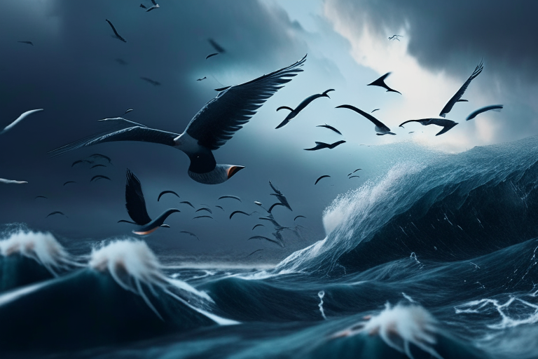 Birds fly in the sky with a raging ocean ultra realistic, 4k, cinematic