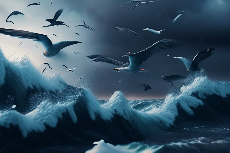 Birds fly in the sky with a raging ocean ultra realistic, 4k, cinematic