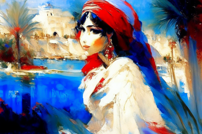  Renoir painting of ((Egypt)) in a full graceful scenery, bokeh lighting, baroque Impressionism, grass, red white and blue, visible strokes, empasto, (impressionist style), splash art, art by Naoko Takeuchi