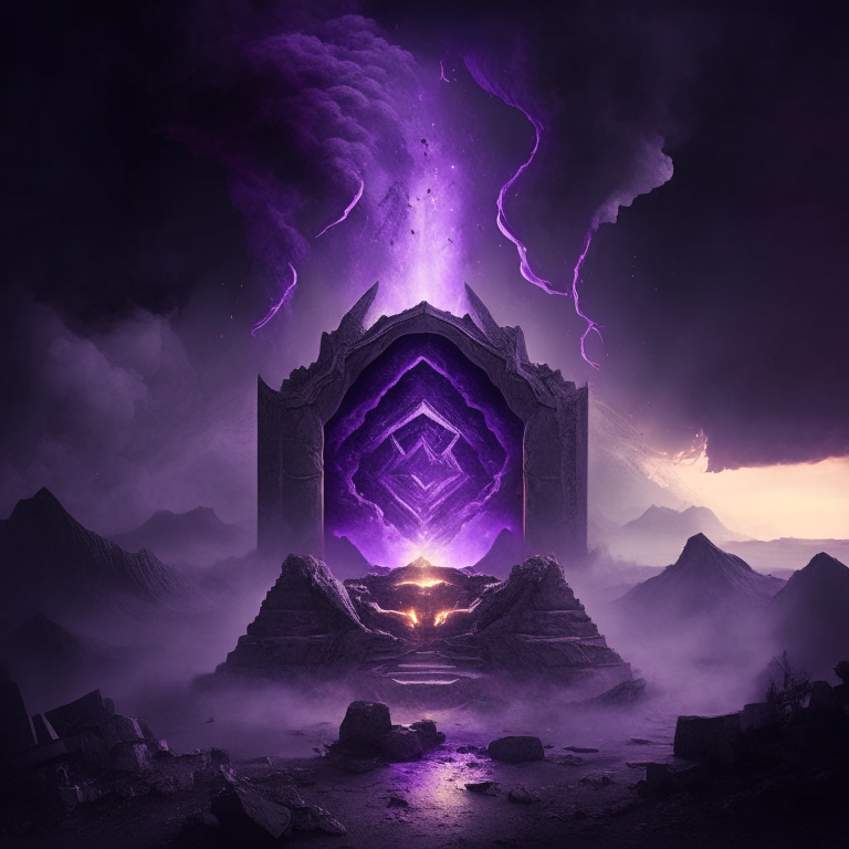 nether portal being sky temple, cloud city, heaven realm, 8k, black  purple and grey tone, by a camp fire