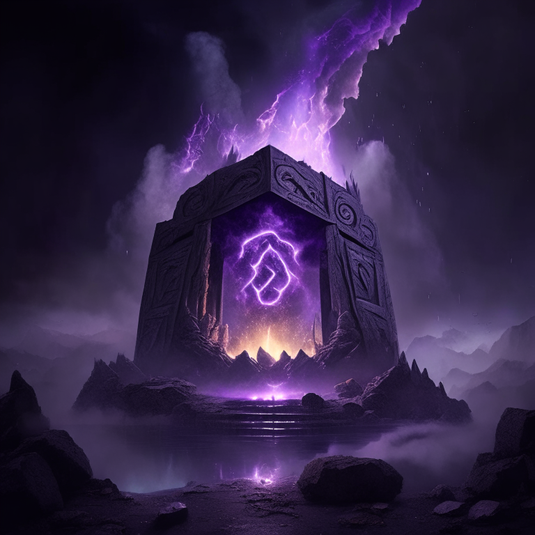 nether portal being sky temple, cloud city, heaven realm, 8k, black  purple and grey tone, by a camp fire