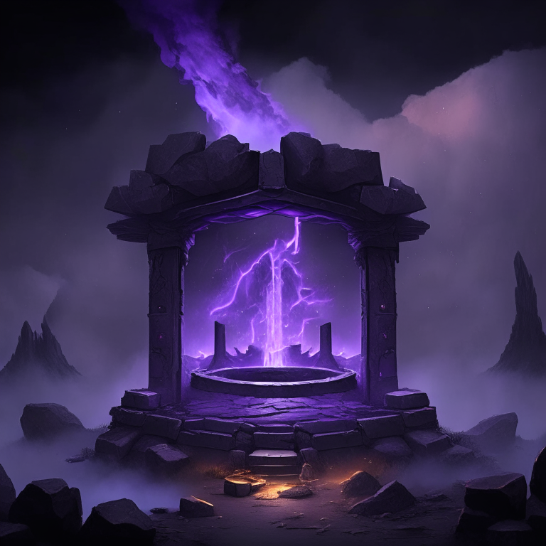 nether portal being sky temple, cloud city, heaven realm, 8k, black  purple and grey tone, by a camp fire, weapon shop, tool racks, grinding stone