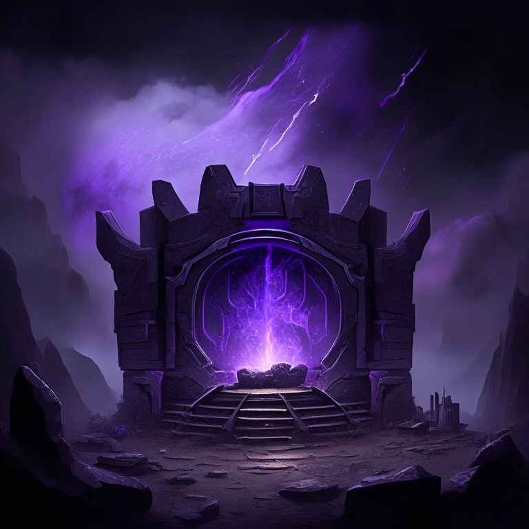 nether portal being sky temple, cloud city, heaven realm, 8k, black  purple and grey tone, by a camp fire, weapon shop, tool racks, grinding stone