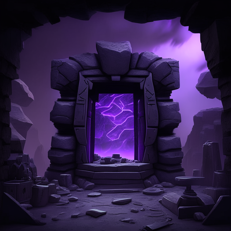 nether portal, sky, black  purple and grey tone, , weapon shop, tool racks, grinding stone, 8k