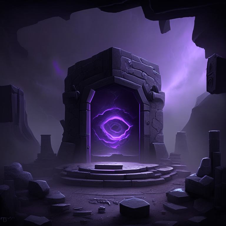 nether portal, sky, black  purple and grey tone, , weapon shop, tool racks, grinding stone, 8k