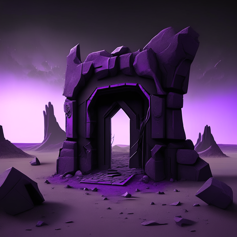 nether portal, sky, black  purple and grey tone, desert , weapon shop, tool racks, grinding stone, 8k