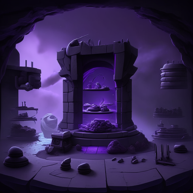 nether portal, sky, black  purple and grey tone, dessert , weapon shop, tool racks, grinding stone, 8k