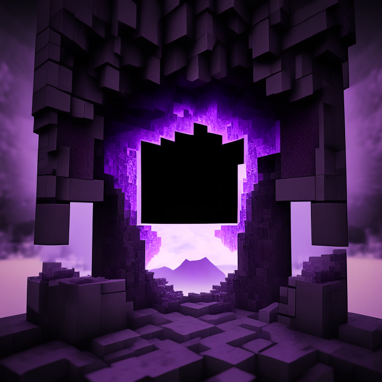 nether portal, minecraft steve, sky, black  purple and grey tone, 8k, minecraft alex