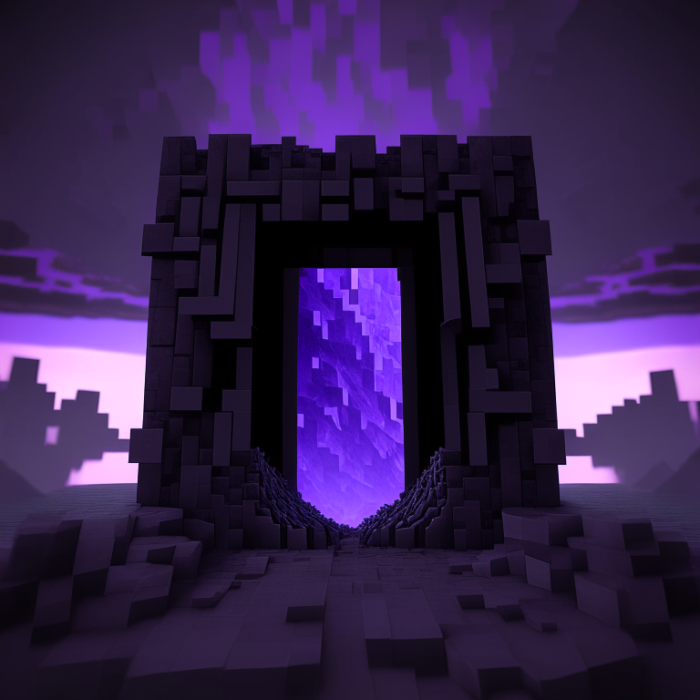 nether portal, minecraft steve, sky, black  purple and grey tone, 8k, minecraft alex