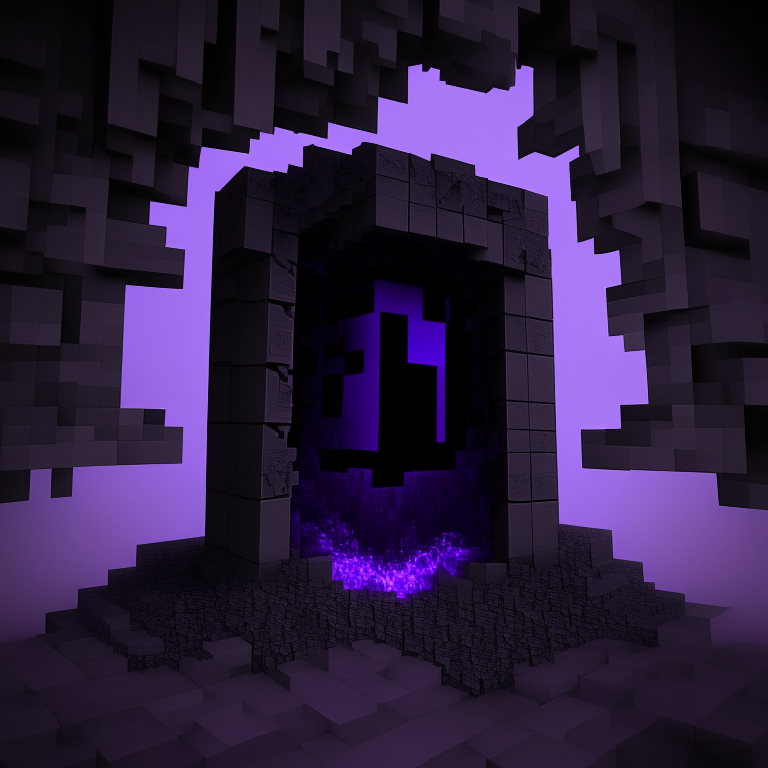 nether portal, minecraft steve, sky, black  purple and grey tone, 8k, minecraft alex