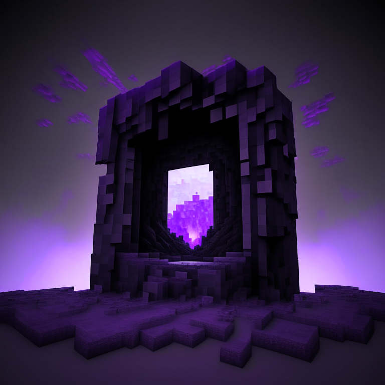 nether portal, minecraft steve, sky, black  purple and grey tone, 8k, minecraft alex