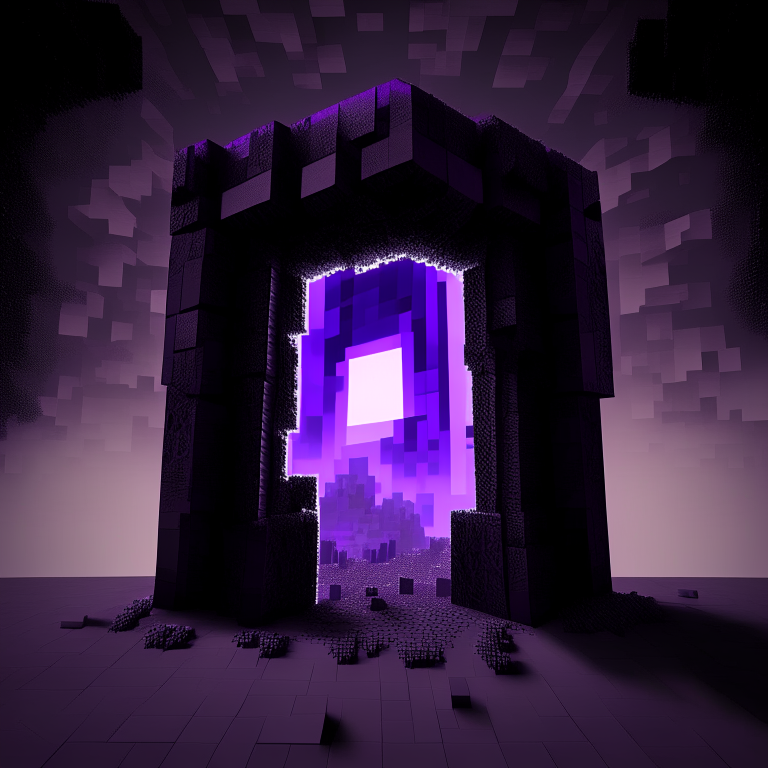 nether portal, minecraft steve, sky, black  purple and grey tone, 8k, minecraft alex