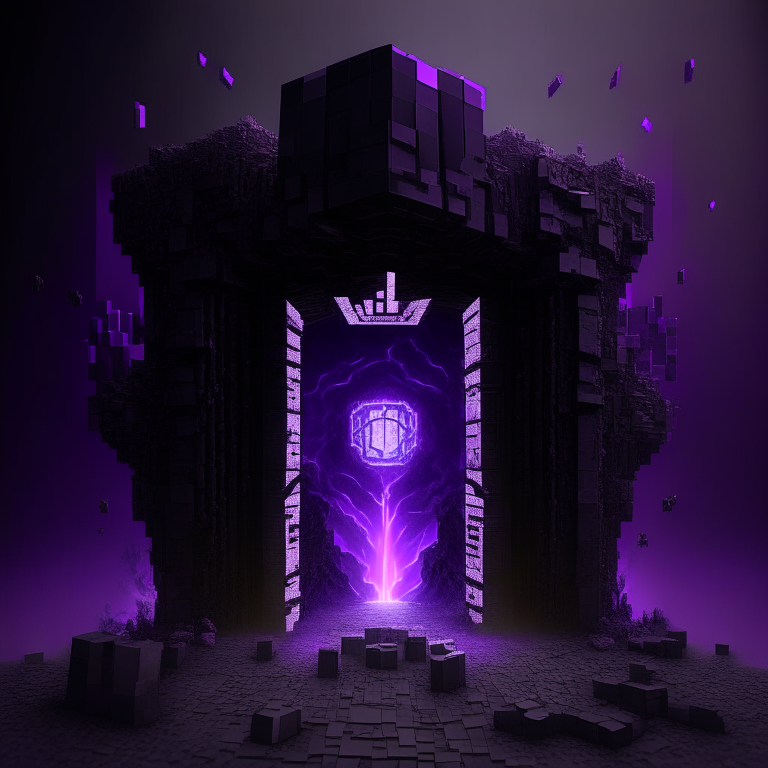 nether portal, minecraft steve, sky, black  purple and grey tone, 8k, minecraft alex. steampunk cyber style