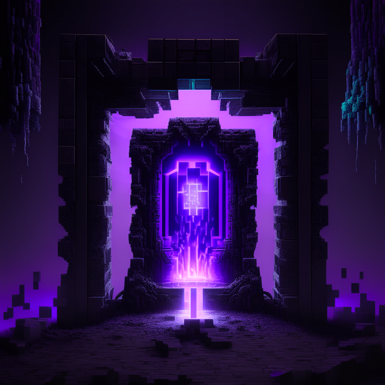 nether portal, minecraft steve, sky, black  purple and grey tone, 8k, minecraft alex. steampunk cyber style, neon