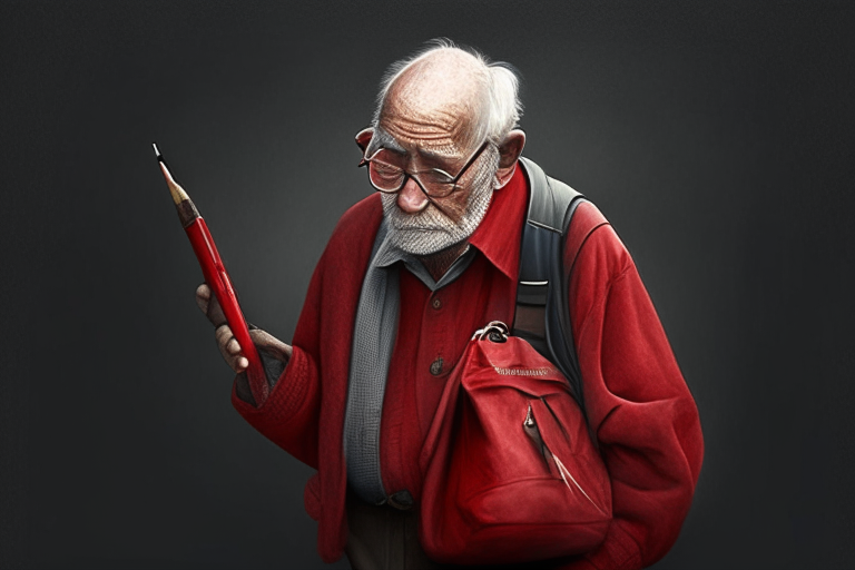 A old man with red bag in hand and 2 pens in his pocket